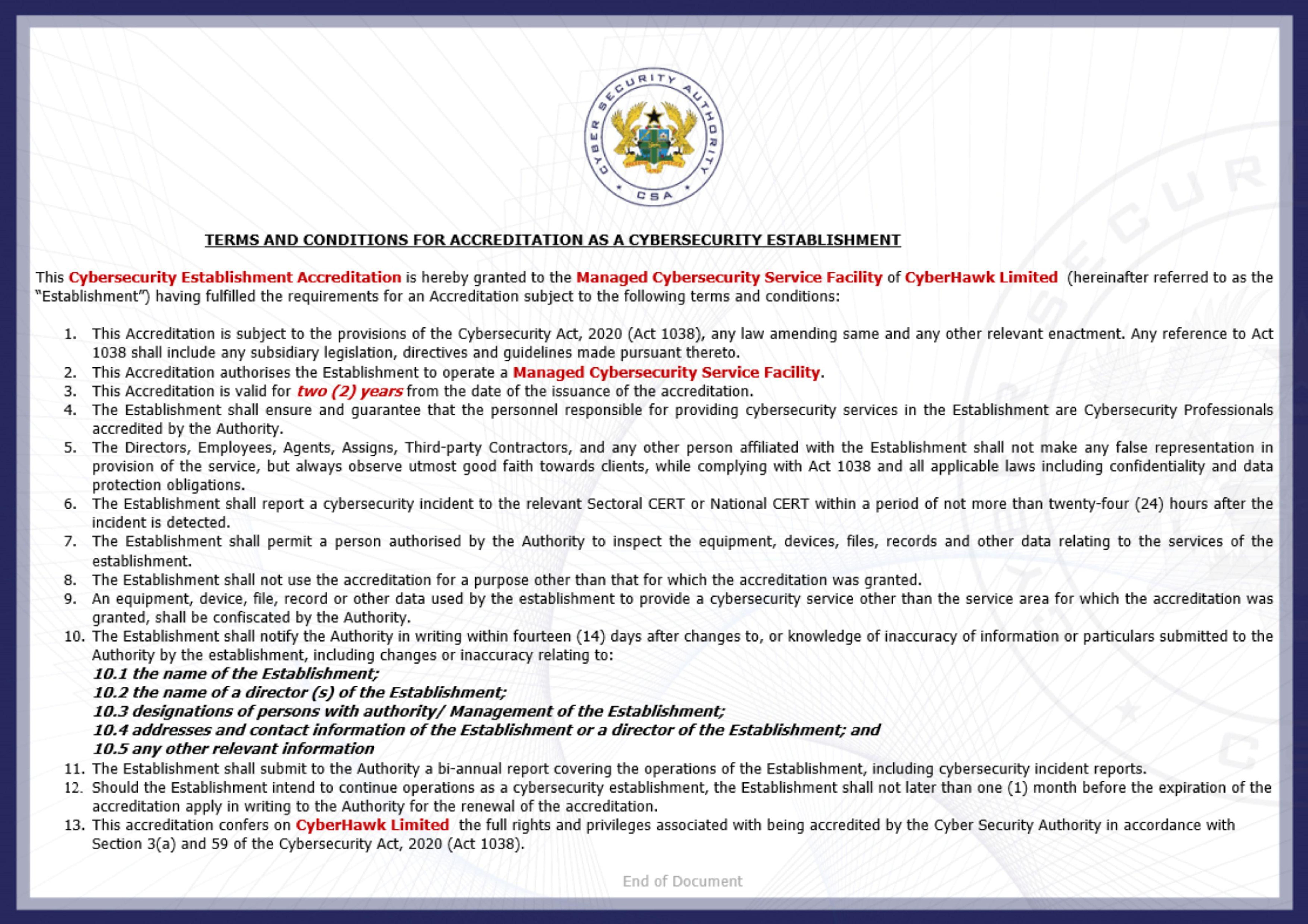 Cyberhawk Cybersecurity Establishment Certificate 02
